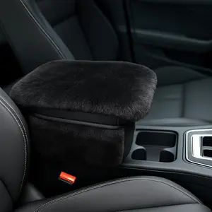 Fluffy Car Armrest Cover with Side Pockets – Plush Fuzzy Fur Center Console Armrest Cushion Pad, Universal Winter Car Interior Protector, Soft Arm Rest Cover with Storage for Women & Men (BLACK)