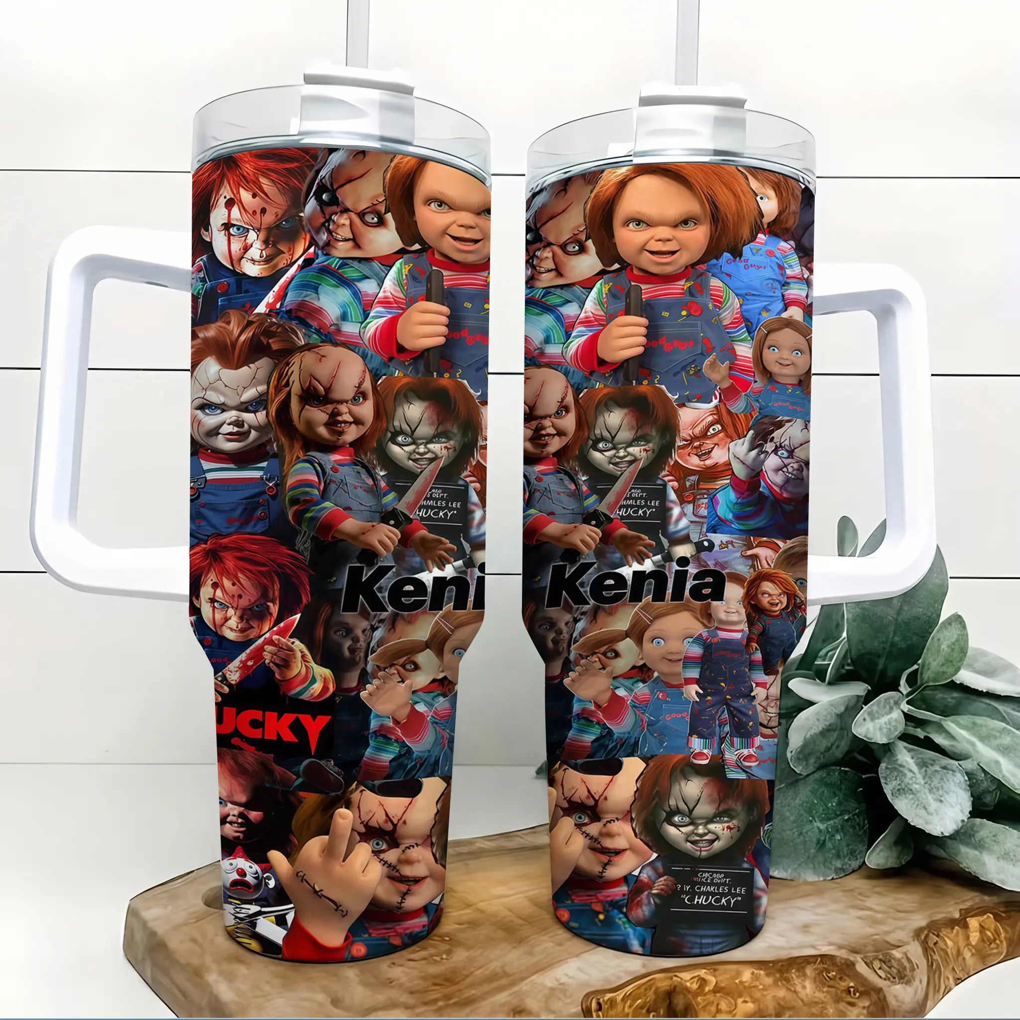 Red Hair Horror Doll Collage 40oz Insulated Tumbler With Handle And Straw Creepy Doll Theme Stainless Steel Water Bottle Sports Travel Mug For Gym Car Commute Halloween Birthday Gift
