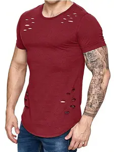 Men's Casual Ripped Plain Solid Color T-Shirt, Fitted Short Sleeve Long Top, H-Type Silhouette, Perfect for Daily Wear, Menswear