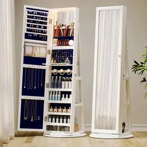 360° Rotating LED Jewelry Armoire with Lockable Full Length Mirror, 3 Color Dimmable Organizer for Bedroom Decor & Gift