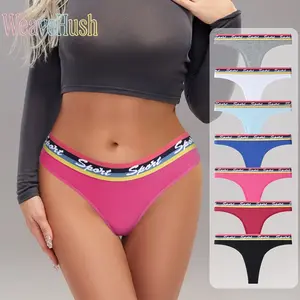 Sexy Low Rise Thongs for Women, Stylish English Web Strap Design Panties, Fashion Athletic Fitness Sports Style Underwear Briefs, Soft Stretchy Breathable All-Day Comfort, Trendy Everyday Lingerie for Workout Daily Casual Wear, 7 Packs Multi-Color Set