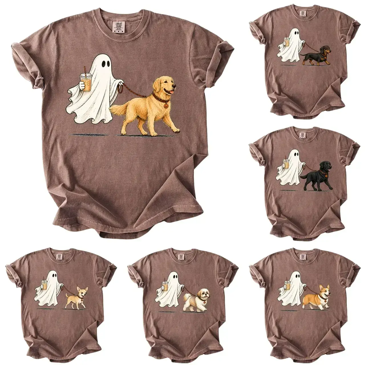 Comfort Colors 50+ Dog Breeds Halloween T-Shirt, Cute Ghost Dog Iced Coffee Graphic Tee, Spooky Season Dog Lover Shirt, Fall Pet Mom Gift