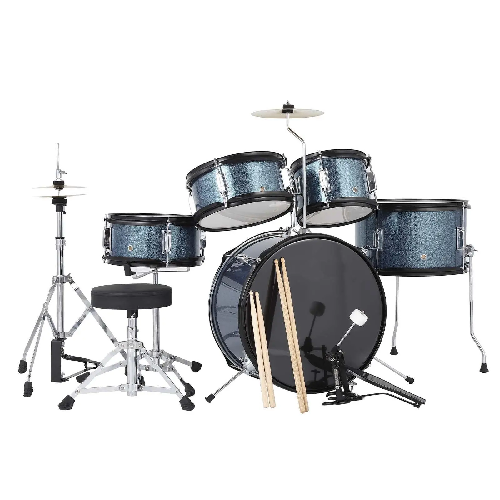 GARVEE AD-300 5-Piece Drum Set for Beginners - Includes Bass Drum, Tom-Tom, Snare, Cymbals, Hi-Tone Drum, Sticks, Pedal & Stool (Blue)