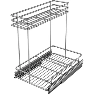 Under Sink Pull Out Organizer (9.5" W x 18" D), 2 Tier Pull Out Shelves for Narrow Kitchen Cabinets, Metal Sliding Shelves for Under Cabinet, L Shaped Chrome