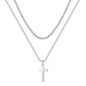 Men's Layered Cross Pendant Necklace with Stainless Steel Cuban Link Rope Chains, Fashion Artificial Gemstone Jewelry Accessory