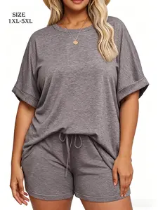 Aswulk Plus Size Womens 2 Piece Lounge Sets Oversized Short T-shirts Rolled cuffs Drawstring Shorts Pajamas Summer Outfits
