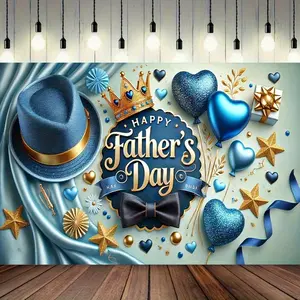 1PC,2D Flat Backdrop Father's Day Decorative Backdrop, Festival Party Decoration Background Curtain, Blue - themed with Love Balloons, Crown, Hat Elements, Photo Backdrop for Family Gathering and