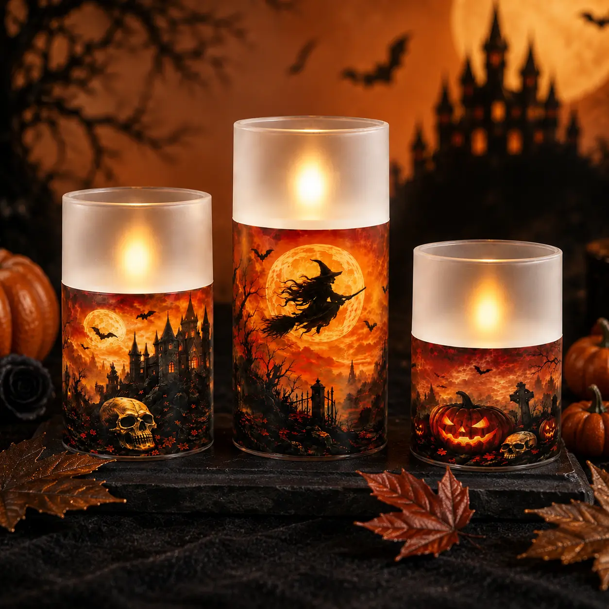 Flameless candle Halloween LED Pillar Candles, Realistic Flickering Set of 3 | Battery operated acrylic candles with moving wick effect, frosted dustproof finish, remote timer, and 4/5/6" pillar sizes