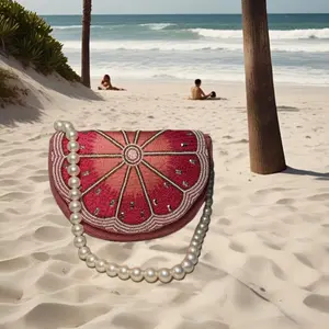 Summer Bag viral Grapefruit Hand-Beaded Clutch with Intricate Beadwork and Sparkling Rhinestones, Strap & Lustrous Pearl Handle