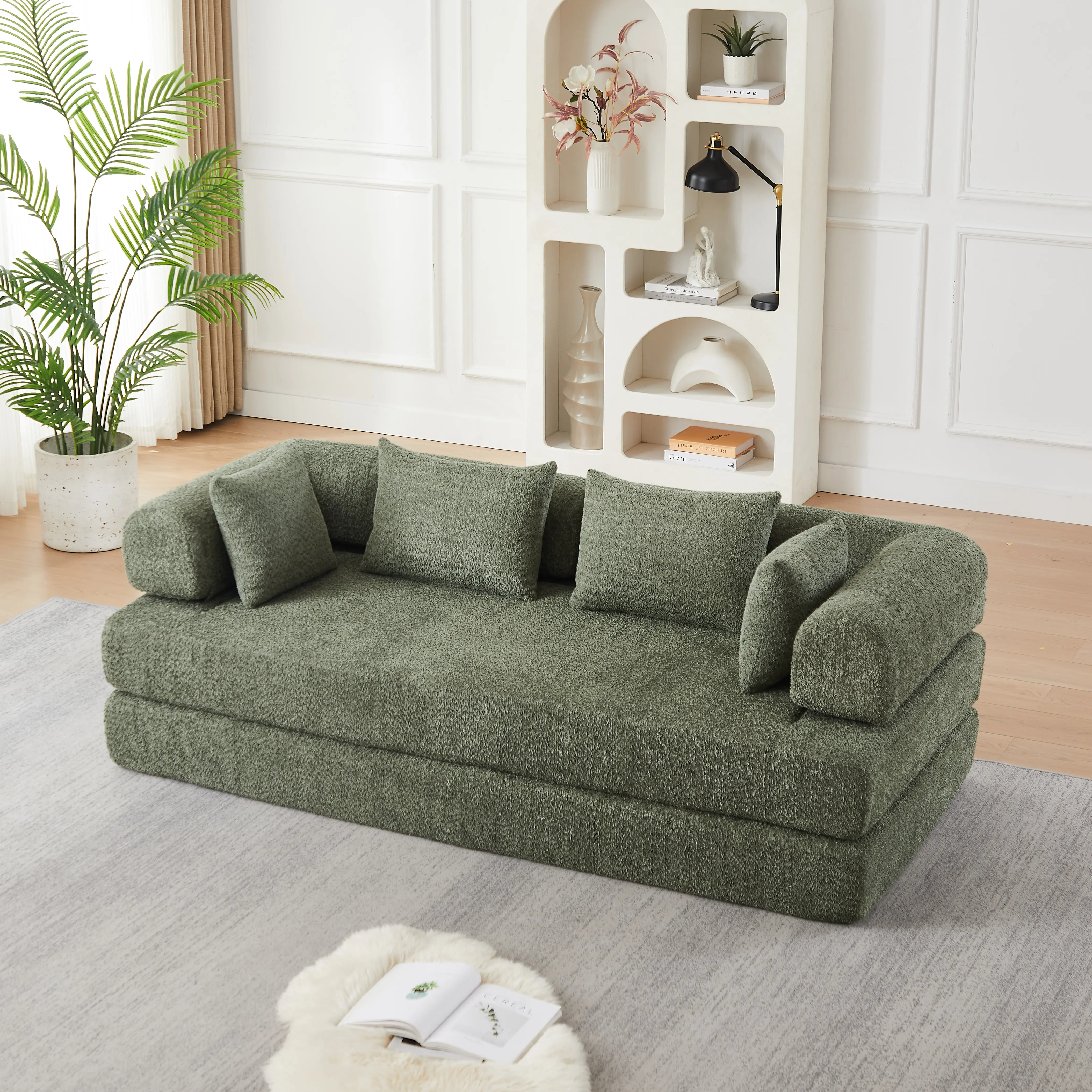 78.9" Convertible Sleeper Sofa with Chenille Fabric, DIY Modular Folding Mattress Sofa with Removable Armrests and Throw Pillows(Green)