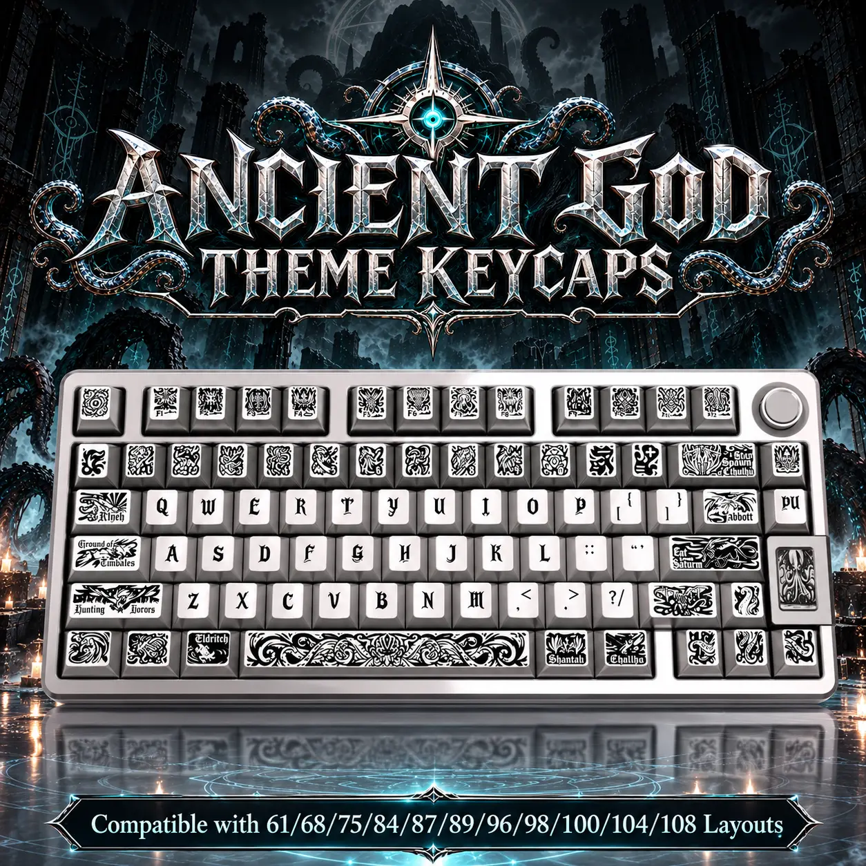 Ancient God Themed Metallic Paint PBT Keycaps, Five-Sided Dye Sublimation, Compatible with 68/87/98/104 Key Layouts & Magnetic Switch Keyboards, Suitable for Keyboard Custom DIY, Computer Peripheral Accessories