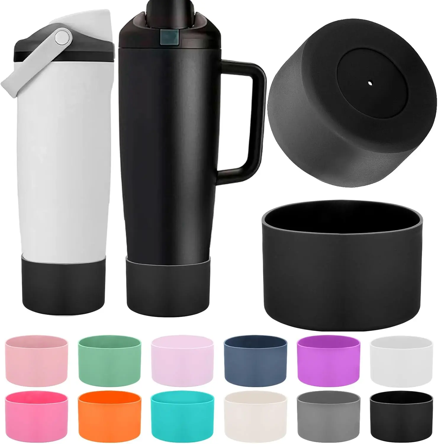 2PCS Stylish Silicone Protective Boots Set Pack for Owala 30oz-40oz FreeSip Sway Bottles & Tumblers - Antiscratch, Stability-Enhancing Outdoors Accessory (Black, Multiple Colors Available), Cylindrical