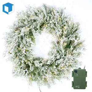 24" Pre-Lit Snow Flocked Christmas Wreath with Warm White LED Lights for Door & Wall Decoration Energy Saving Premium PVC Perfect for Holiday Ornaments & Gifts