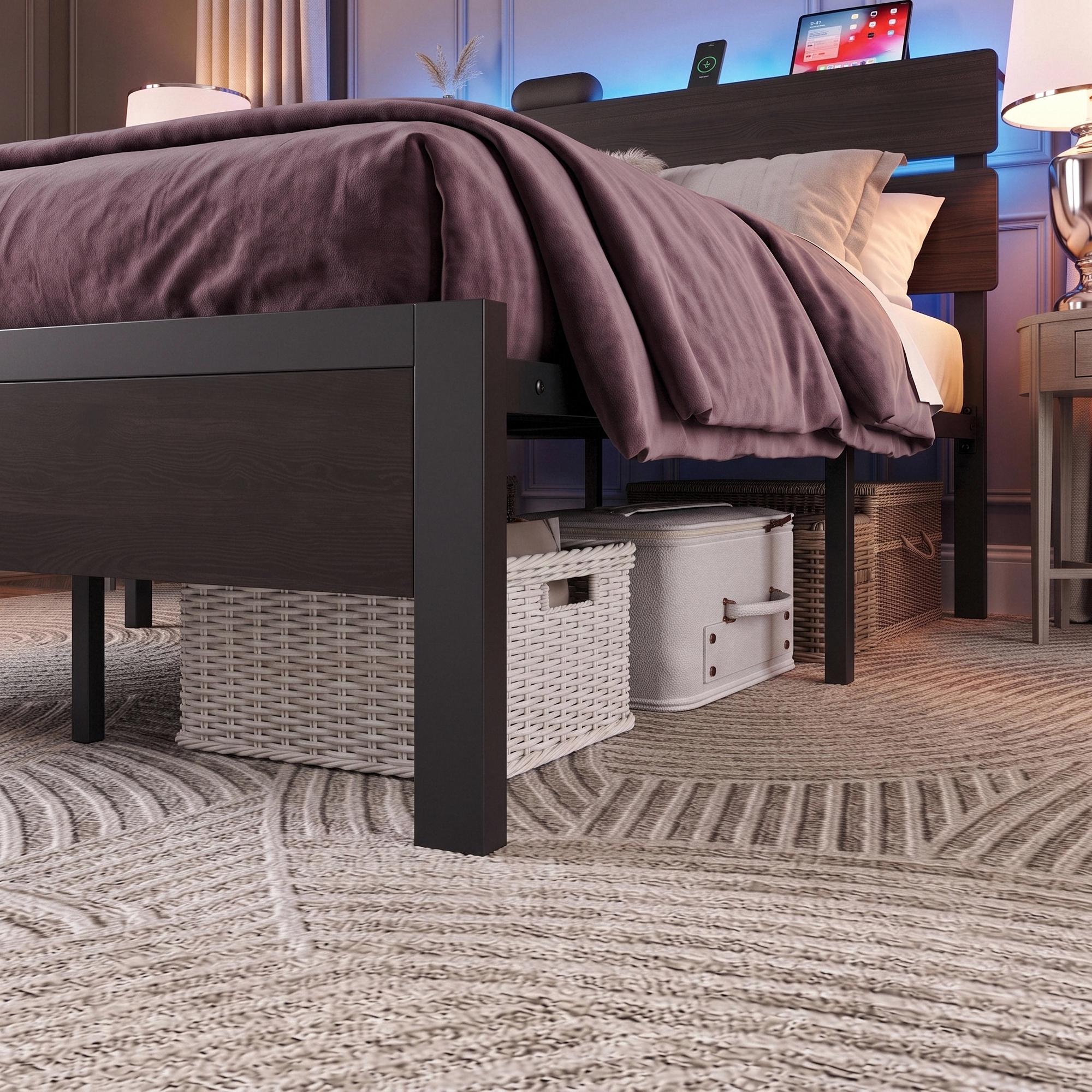 MUTICOR LED Bed Frame with 2 Fabric Storage Drawers, Charging Station & MDF Storage Headboard, Steel Slat Platform Bed with Underbed Storage, No Box Spring Needed
