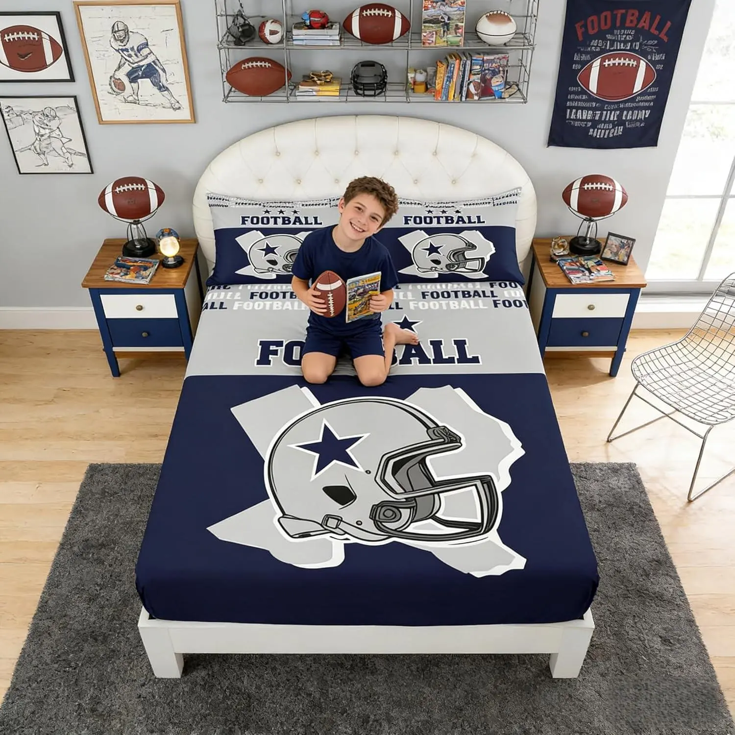 American Football Fitted Sheet,Western Texas Star Cowboy Football Sports Bedding Set Men Room Decor,Rugby Helmet Games Bed Cover,Blue Grey Bed Sheet