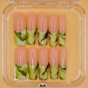 Matcha — Green Marble French Tip Long Square Press-On Nails | Malachite Swirl Design