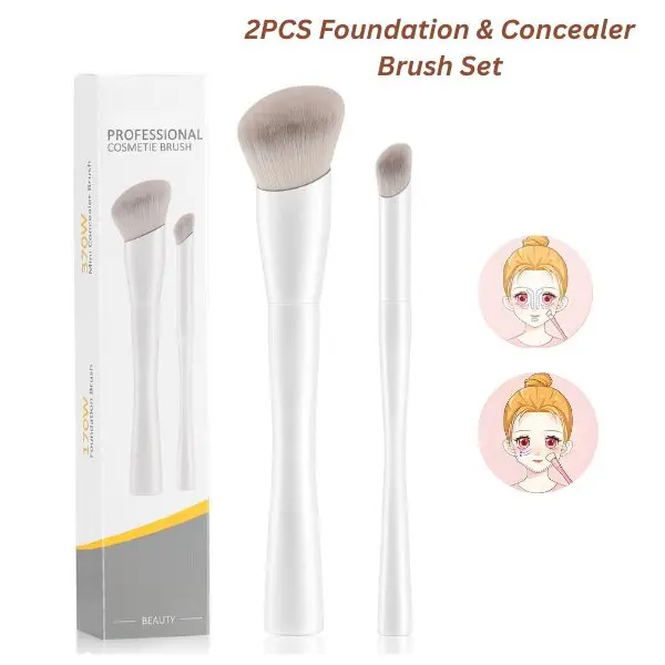 2PCS Foundation & Concealer Brush Set – Angled Kabuki Makeup Brushes for Liquid, Cream & Powder, Blending Buffing Face Brush Kit for Flawless Makeup