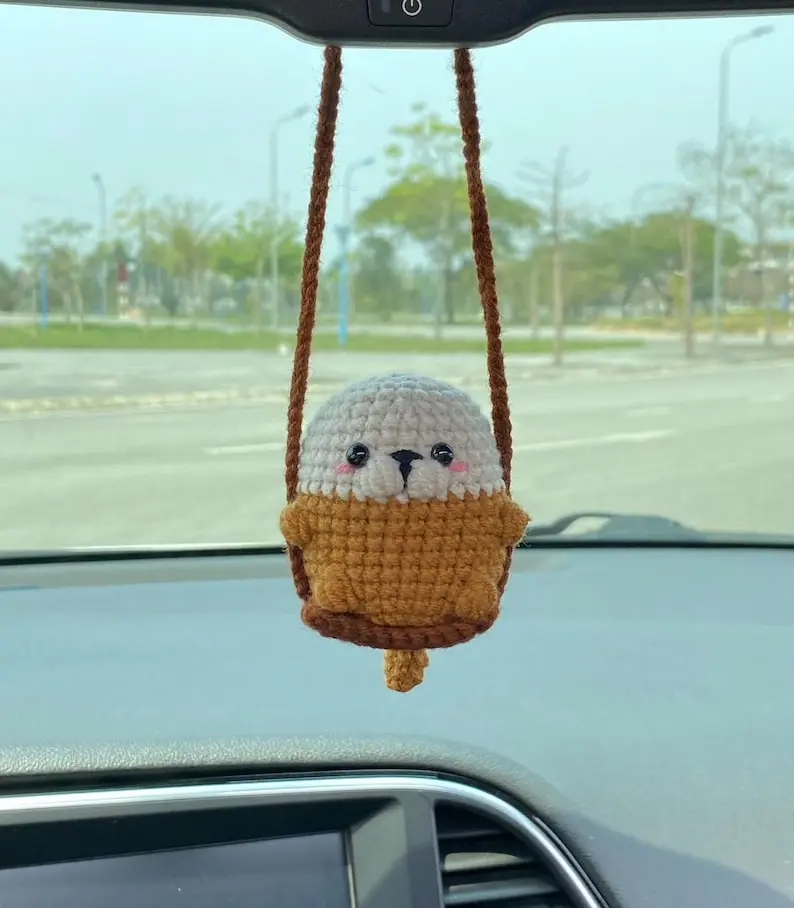 Cute Swinging Otter Car Mirror Hanging Accessories, Crochet Otter Ornaments, New Car Gift Idea, Gift For Her, Car Decorations, Car Charm