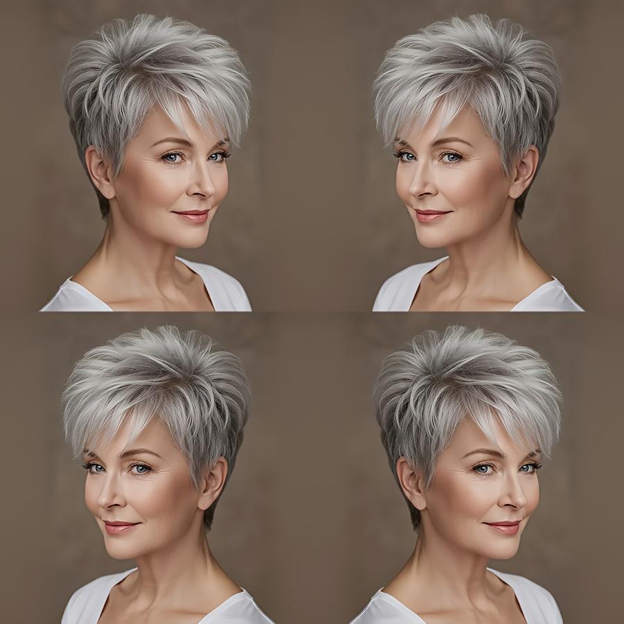 150% Density Brazilian Remy Human Hair Wig, Short Straight Layered Grey Salt & Pepper Glueless Wig for Women, Natural Look Rose Net Cap, Secure Fit for Daily Party & Mother's Day Gift