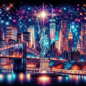 5D DIY Full Drill Round Diamond Painting - Diamond Art Kit Statue of Liberty, City Night Scene, Sparkling Star Mosaic, Canvas - DIY Wall Decor, Home Wall Decoration, Suitable for Halloween and Christmas, Birthday and Anniversary Gifts