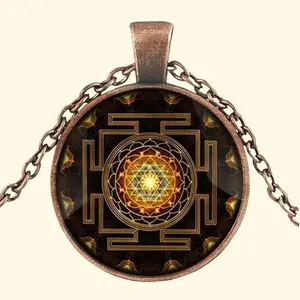 Mystic Sri Lanka Yantra Pendant Necklace with Time Gem - Sacred Geometry Pattern for Spiritual Protection