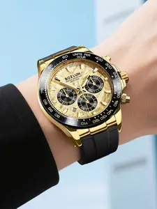 Men's Quartz Analog Watch, Creative Meteorite Dial Design, Three-Eye Timer, Waterproof Silicone Strap, Business Casual Style Gift