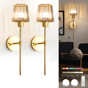 Crystal Battery Operated Wall Sconces Set of 2, Rechargeable Wireless Wall Lights with Remote, 13 RGB Color Dimmable, Auto Timer Wall Lamps Fixture for Living Room Bedroom RV