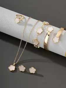 Four-leaf Clover Design Jewelry Set, Fashion Necklace Pendants & Bracelet & Ring & Stud Earrings, Elegant Jewelry Set for Women