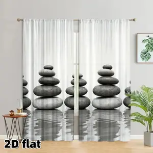 2D Flat 2Pcs Zen Stone Stacked Balance Curtains, Net Curtains Window, Modern Minimalist Style Semi Sheer Polyester Water Reflection Pattern Rod Pocket Design Living Room Bedroom Bathroom Window Treatment Home Decor Easy Care