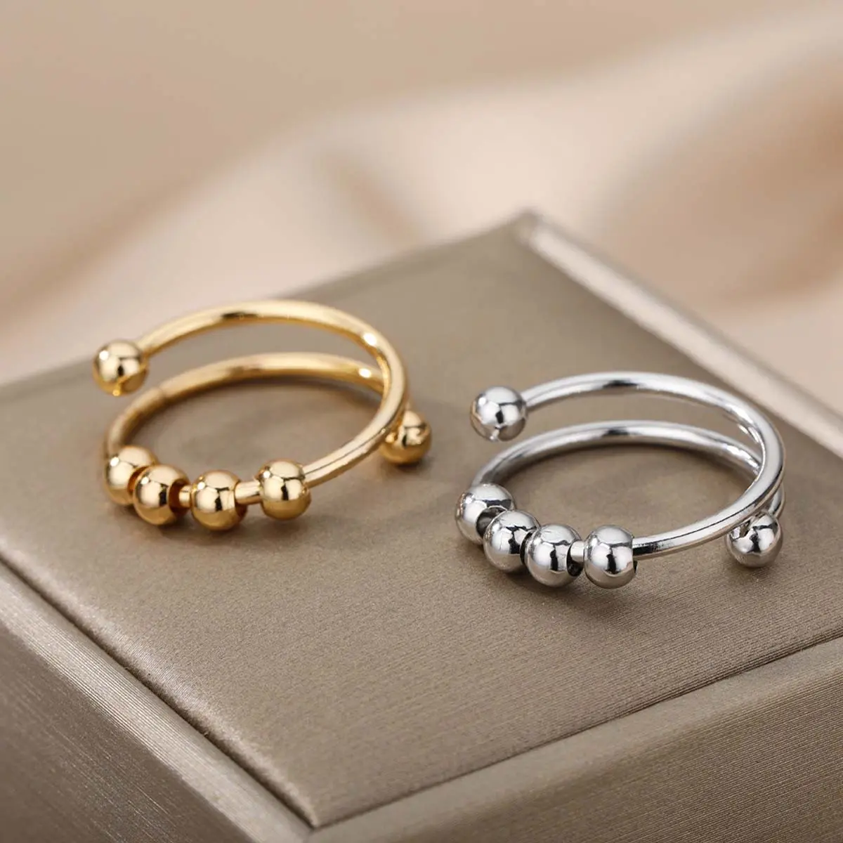 [Limited Time Event] Unisex Personalized Spiral Bead Open Rotatable Artificial Gemstone Ring - Elegant Smooth Female Adult Daily Wear Jewelry Accessory, One Size