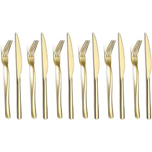 12 Piece Gold Steak Knives & Forks Set, Premium Stainless Steel Cutlery for 6 Person, Dishwasher Safe Shiny Gold