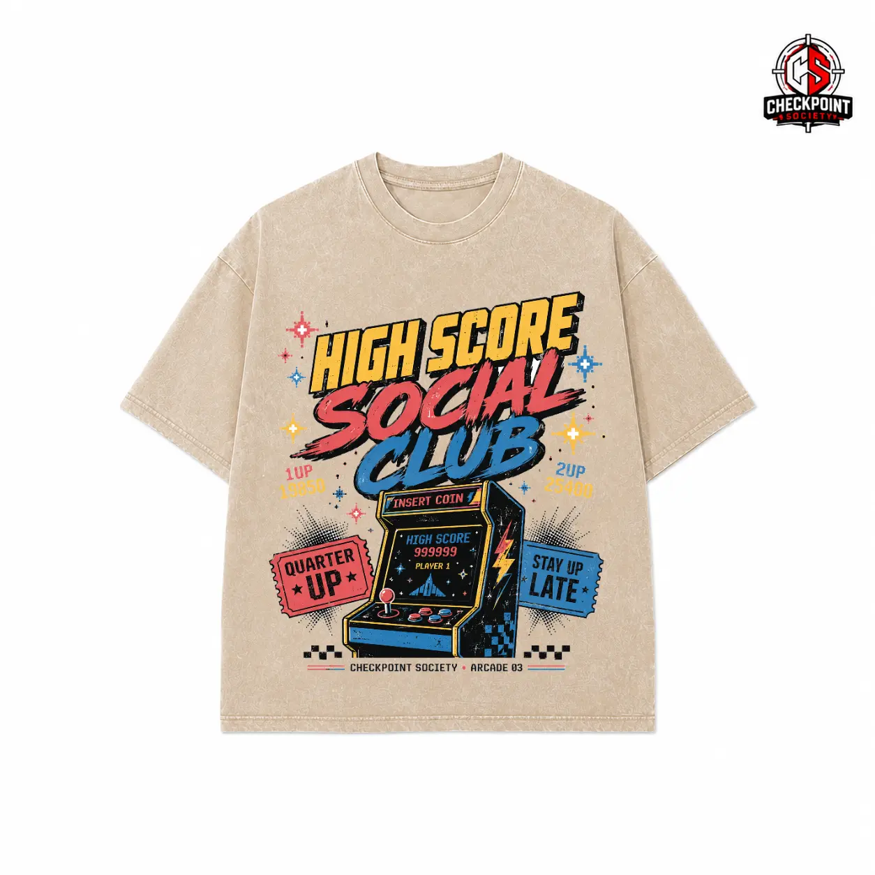Vintage Washed Black Arcade Game T-Shirt, 'High Score Social Club' Retro Arcade Print Casual Tee, Streetwear Short Sleeve Top For Gamers, Perfect For Game Social Events And Daily Casual Wear