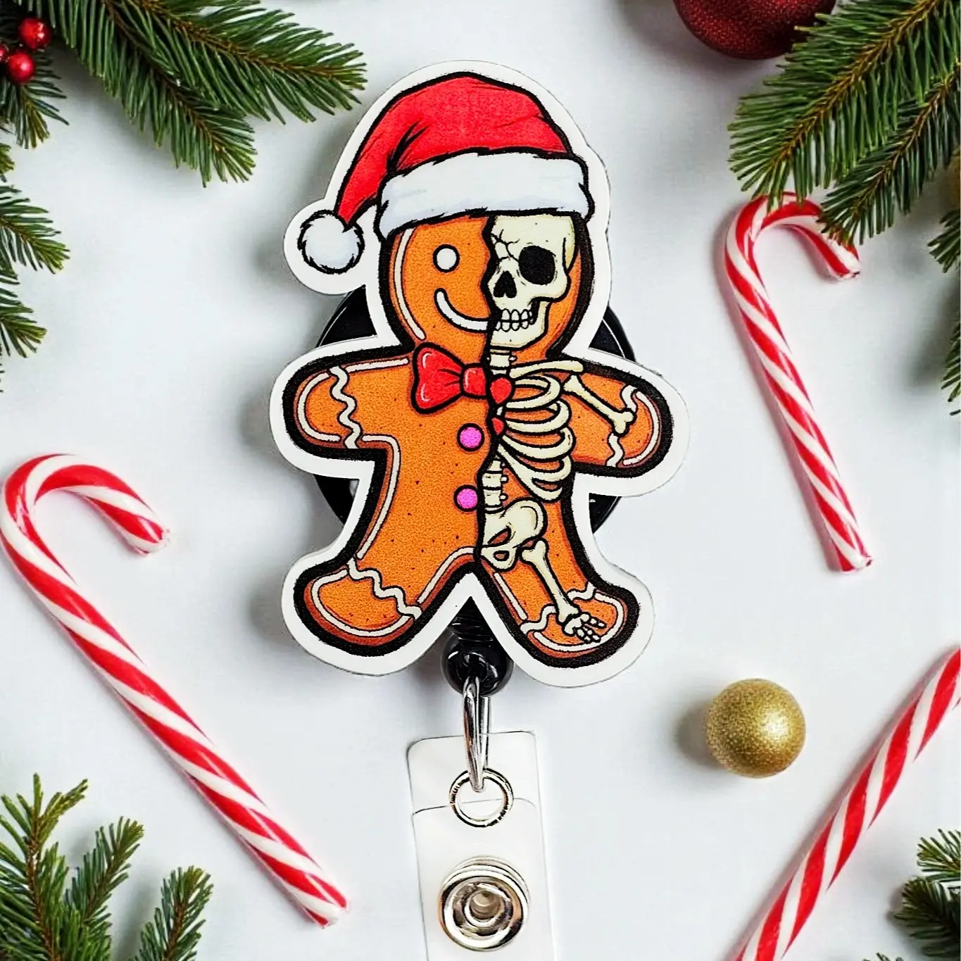Christmas Gingerbread Badge Reel, Skeleton Gingerbread Badge Clip, Holiday ID Holder, Cute and Funny Badge reel for nurses, xray techs and hospital workers. Retractable swivel clip with a 360 rotation.  Badge pull