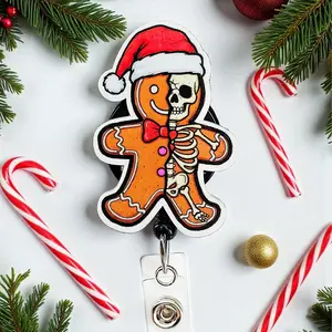 Christmas Gingerbread Badge Reel, Skeleton Gingerbread Badge Clip, Holiday ID Holder, Cute and Funny Badge reel for nurses, xray techs and hospital workers. Retractable swivel clip with a 360 rotation.  Badge pull