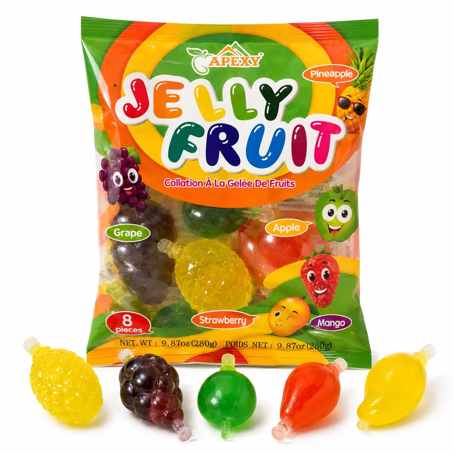 Apexy Jelly Fruit, Tiktok Candy Trend Items, Tik Tok Hit or Miss Challenge, Assorted Fruit Shaped Jelly, Strawberry, Mango, Apple, Pineapple, Grape. 9.87oz.