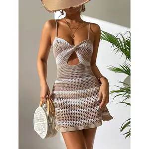 Swim Striped Pattern Lace Up Back Cover Up Dress,Summer Beach neck short sleeve dress Women's Elegant Loose Midi hollow white muppets red fruit roll blue fearless maki yellow sabrina carpenter extraemily light champagne satin halter string dina green