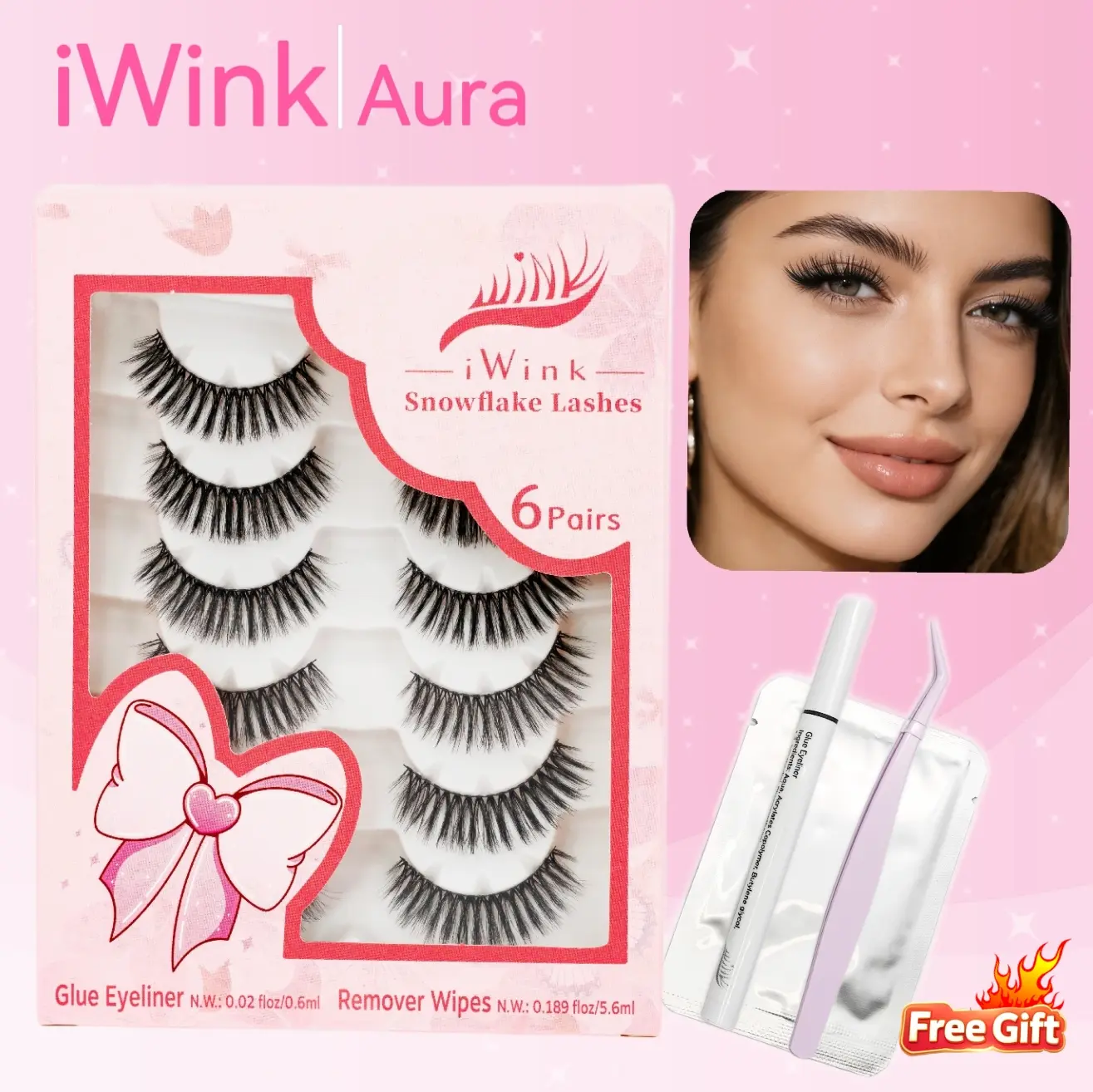 iWink Aura Strip D-Curl False Eyelashes, 6 Pairs with 0.05mm Invisible Band, 8-14mm Ultra-Light Wispy Fluffy Volume, Free Lash Glue Eyeliner & Remover Wipes for Nature & Everyday Glam Makeup, Full Volume, Youth, Synthetic