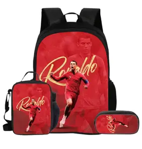 CR7 Football Pattern Printed Backpack Three Piece Set Single Layer Backpack Pencil Bag Lunch Bag for Football Fans Students Daily Use School Travel Sports Lightweight Comfortable Teen Kids Fans Gift