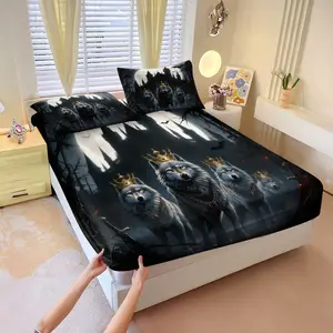 3pcsDark Wolf King Printed Fitted Sheet Set, with Elastic Deep Pocket to Prevent Slipping, Soft and Breathable Fabric, Great for Creating a Cool and Stylish Bedroom Vibe