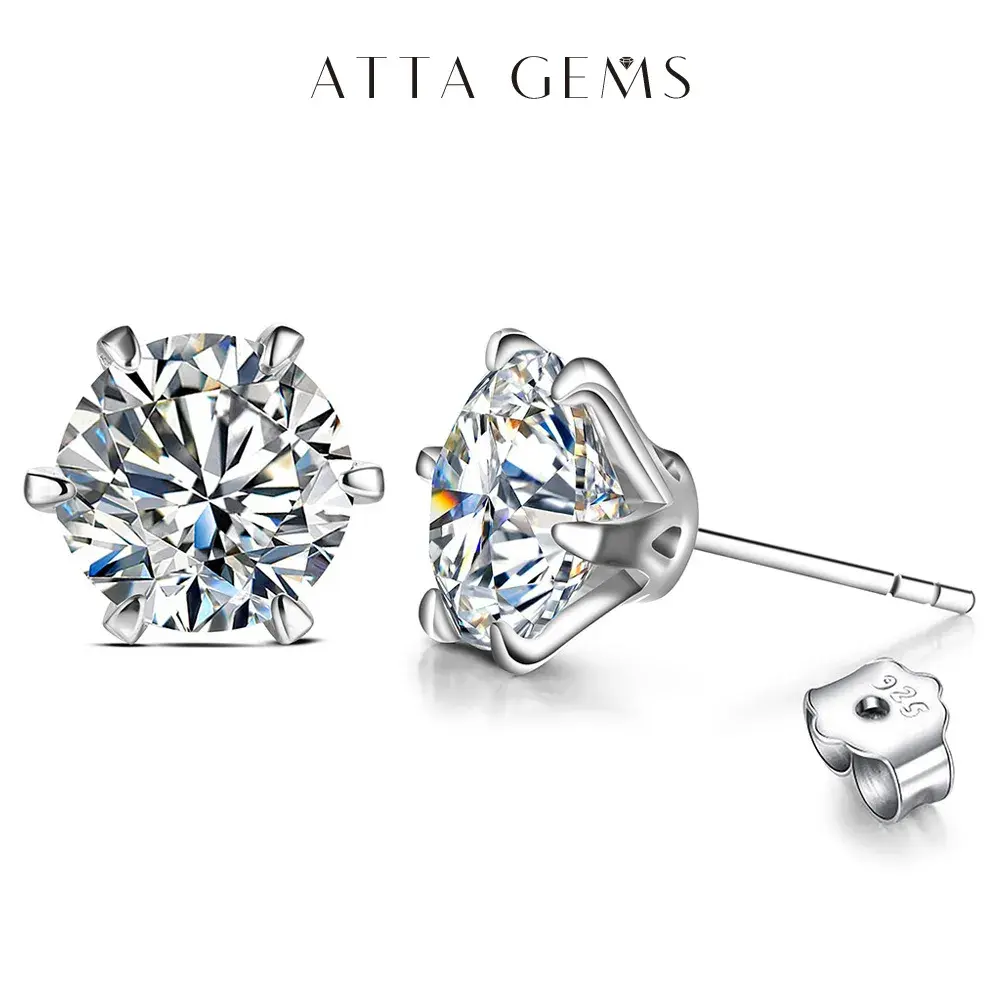 ATTAGEMS 6-Prong Synthetic Moissanite Stud Earrings for Women, 0.5Ct-3Ct D Color VVS1 Solitaire Fine Jewelry E009, Minimalist Earrings, Earring For Women summerwins,summerwins