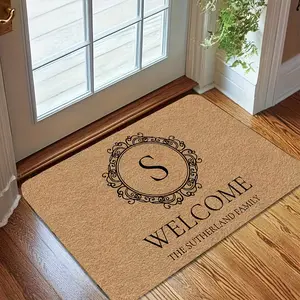 Elegant Coconut Brown Welcome Mat with Letter "S" and Surname Non-Slip Rubber Back, Made Durability,Suitable for Entryway, Porch, Front Door.