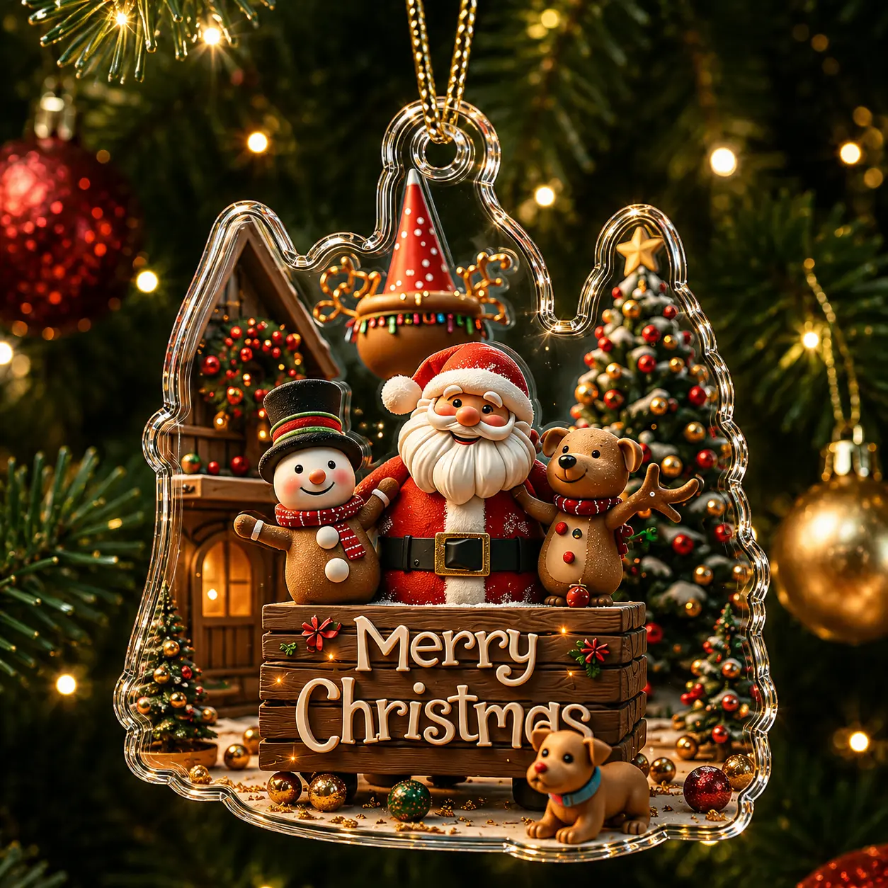 Acrylic Santa Claus in Sleigh with Reindeer Christmas Hanging Ornament, Festive Home & Party Decoration