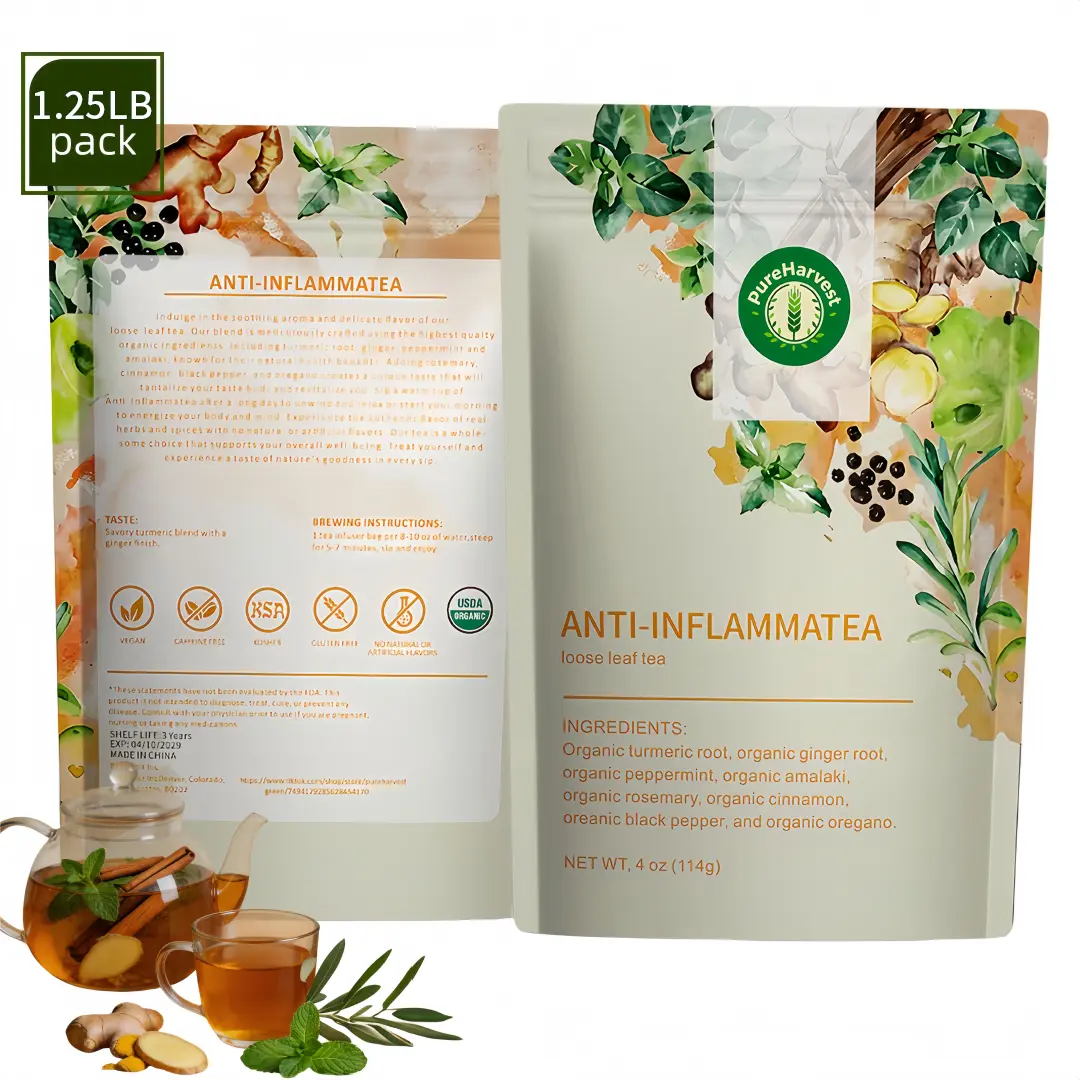 “Anti-Inflammatory Tea”1.25LB—a herbal tea blend for men and women, sold in bulk (1 lb. pack). Contains ginger, turmeric, and mint. Vegan, organic, and caffeine-free. Formulated according to Ayurvedic principles.