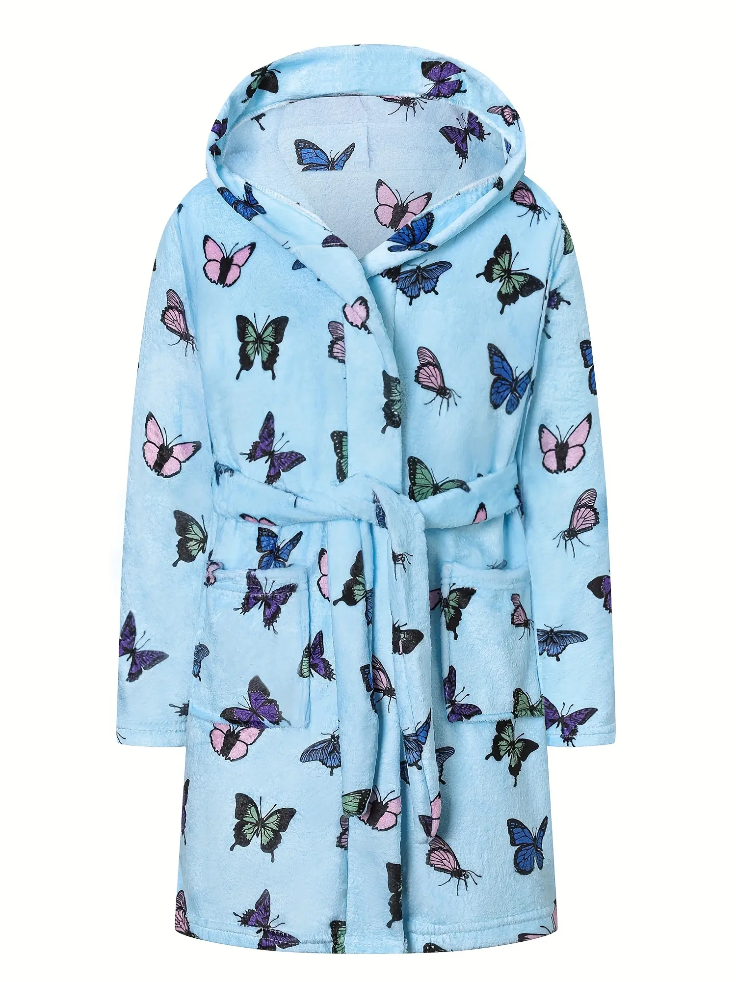 Kids Butterfly Print Hooded Fleece Bathrobe - Soft Polyester Twisted Look Light Blue Ultra-Soft Plush Flannel Robe for Toddler Girls, with Pockets, Waist Belt, Warm Sleepwear Loungewear, Ideal for Bath, Spa, Magical Holiday Gift