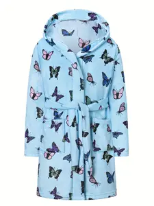 Kids Butterfly Print Bathrobe - Cute Light Blue Hooded Fleece Robe for Toddler Girls Boys, Ultra Soft Plush Flannel Warm Sleepwear Loungewear with Pockets and Waist Belt, Perfect for Bath Shower Pool Beach Spa, Cozy Nightwear Pajamas Magical Holiday Gift