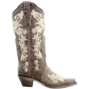 Corral Boots Womens Floral Rhinestone Embroidered Snip Toe Pull On  Casual Boots Mid Calf Mid Heel 2-3" - Brown