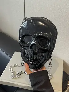 Personalized Halloween women's backpack with skull style design, simple and exquisite trendy women's bag, metal chain shoulder strap, zipper closure, suitable for casual Halloween party activities.