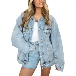 Women's Oversized Jean Jacket Long Blue Denim Jacket Long Sleeve Button Down Trucker Jacket Shacket Fall Coats