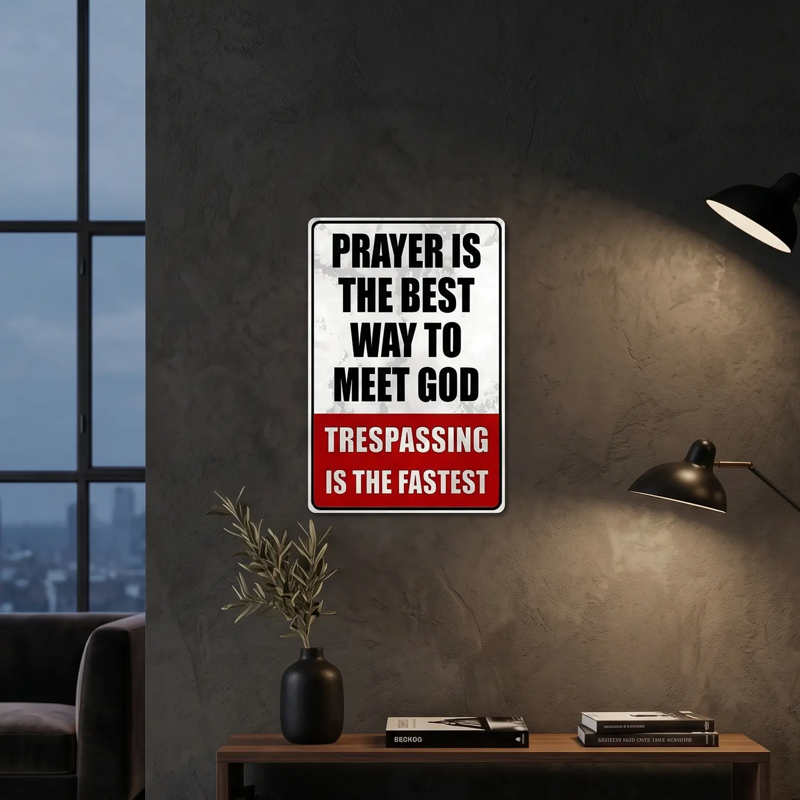 "Prayer Is The Best Way To Meet God" Metal Tin Sign (12x8 in) - Funny "Trespassing Is The Fastest Way To Meet God" Warning Plaque for Garden, Porch Wall Decor (Home Decor Plaque)
