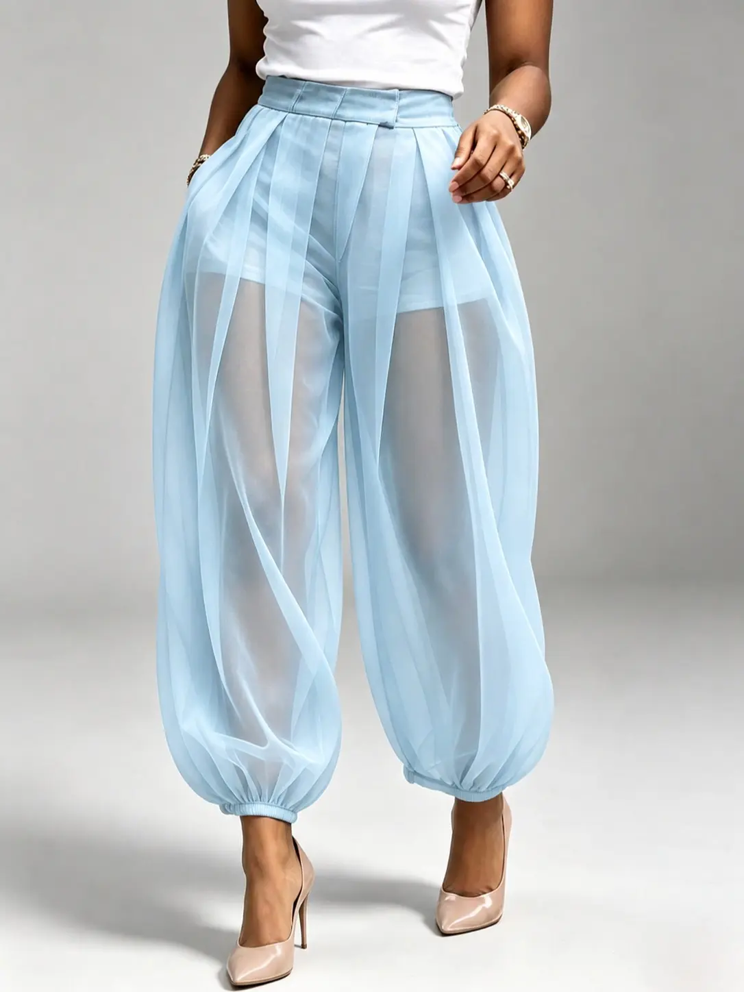 Women's casual pant Chic Basic Baggy Sheer Blue Mesh High-Waist Pleated Balloon Harem Joggers with Liner Shorts